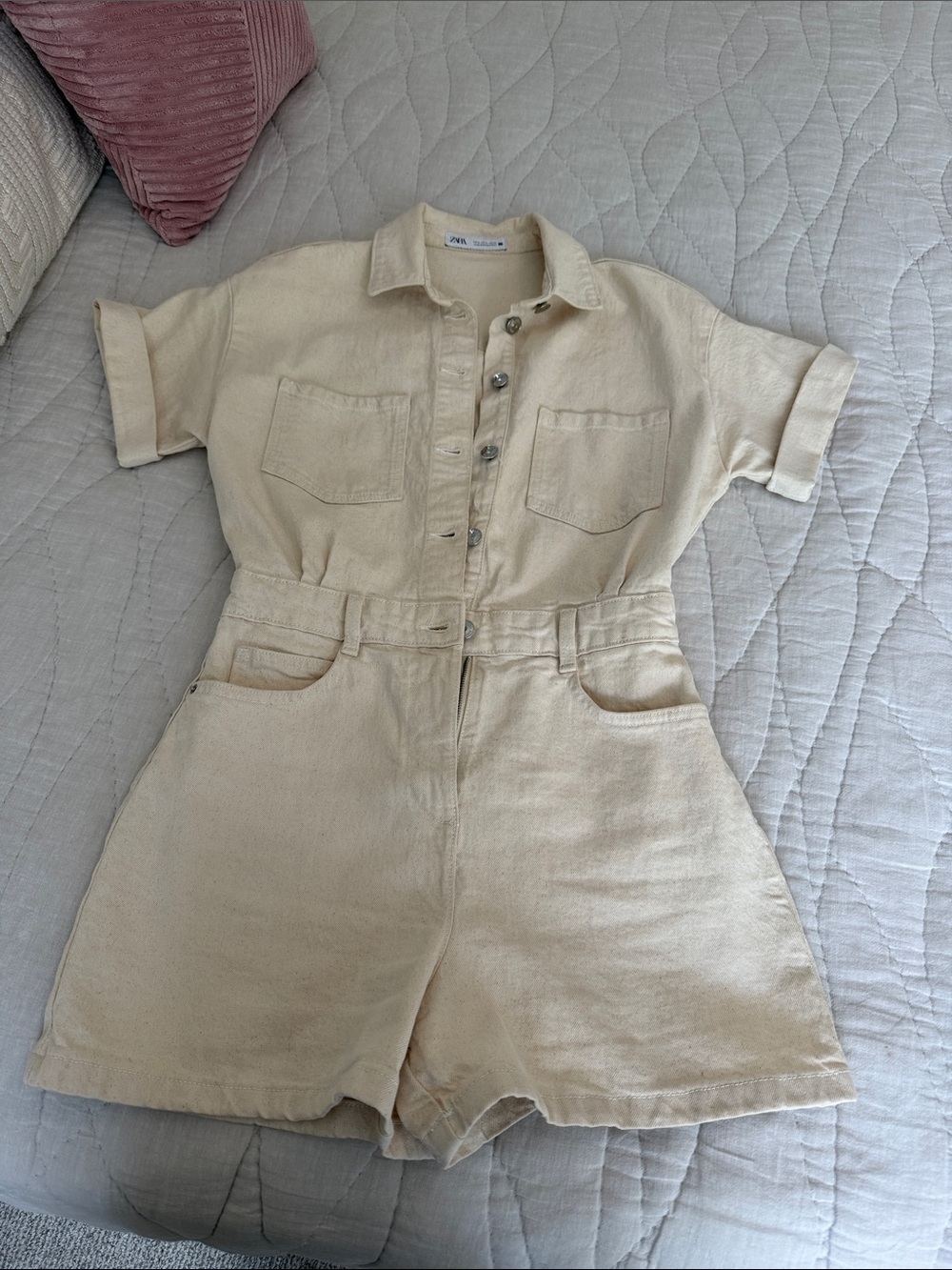 Zara Cream Short-Sleeve Utility Romper